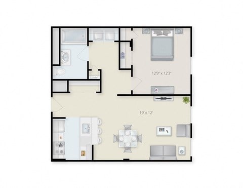Floor plan for 1 bed, 1 bath, 604 sqft